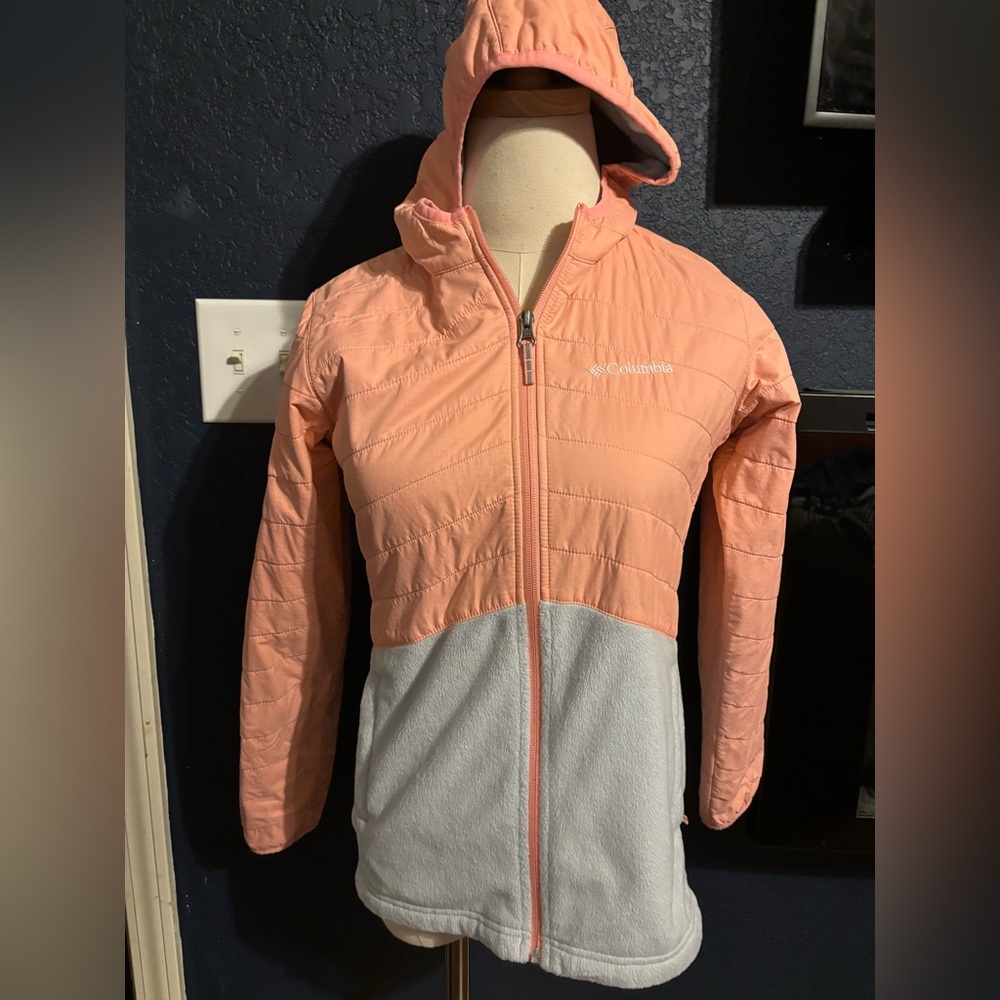 Columbia Girls Hooded Jacket Size Large 14-16 Pink Gray Fleece Lined